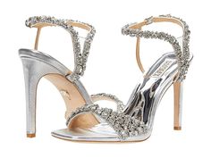 Badgley Mischka Galia - Women's Shoes : Silver : Put the va-va-voom into any ensemble with the Badgley Mischka® Galia. These dress sandals are crafted with a textile upper, and feature crystal embellishments and a stiletto heel. Open toe. Adjustable ankle strap with buckle closure. Man-made lining. Lightly padded footbed. Wrapped heel. Leather sole. Imported. Measurements: Heel Height: 4 in Weight: 10 oz Product measurements were taken using size 9, width M. Please note that measurements may var Glamorous Wedding Shoes With Heel Strap For Events, Bedazzled High Heel Sandals For Weddings, Elegant Embellished Sandals For Prom, Bedazzled High Heel Wedding Heels, Elegant Sandals With Rhinestones For Special Events, Bedazzled High Heels For Wedding, Elegant Rhinestone Sandals For Events, Elegant Sparkling Sandals For Wedding, Glamorous Open Heel Sandals For Wedding