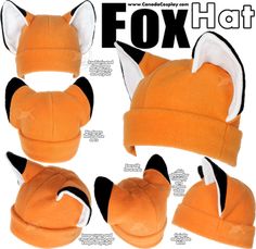 an orange fox hat with black ears and white tail is shown in four different views