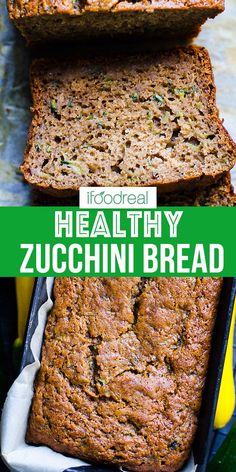 healthy zucchini bread is cut in half and stacked on top of each other