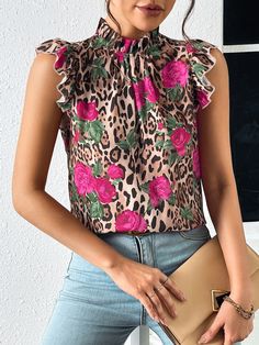 Multicolor Boho Collar Cap Sleeve Woven Fabric Floral,Leopard Print Top Embellished Non-Stretch  Women Clothing Mixed Prints Outfit, Mixed Prints, Mock Neck Blouse, Leopard Print Top, Fabric Floral, Women Blouses, Spring Looks, Tiger Print, Pattern Mixing