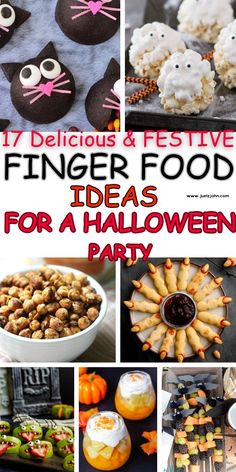 a collage of halloween treats and desserts with text overlay that reads 17 delicious festive finger foods ideas for a halloween party