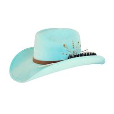 Introducing our GABY Cowboy Hat, a fusion of rugged charm and contemporary flair designed for the adventurous spirit. Crafted from durable polyester suede in a striking turquoise shade, this hat is sure to make a statement. Partnering with the esteemed brand Pola Palma, we've adorned this hat with delicate floral embroidery around the crown, adding a touch of femininity to its Western-inspired design. The addition of a brown leather cord and feather accentuates its rustic allure.Boasting a 4" brim and a 4" crown, our Cowboy Hat exudes a structured silhouette that's both classic and stylish. Choose between a fitted leather sweatband or an elastic inner band for a comfortable fit that lasts all day.Please note, that each Cowboy Hat is meticulously crafted with attention to detail, and no two Adjustable Light Blue Outdoor Hats, Blue Felt Hat With Short Brim For Rodeo, Blue Hats For Rodeo And Kentucky Derby, Blue Western Felt Hat For Beach, Blue Western Felt Hat With Short Brim, Blue Country Style Hat Band For Ranch, Blue Short Brim Hat For Ranch, Adjustable Blue Felt Country Hat, Blue Wide Brim Country Style Felt Hat