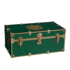 a green trunk with gold trimmings on the top and bottom, sitting in front of a white background