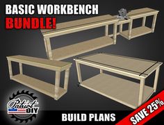 the basic workbench bundle includes two tables and one bench, with additional shelves