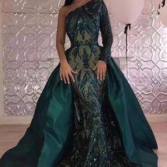 One Shoulder Prom Dress, Detachable Skirt, Color Dresses, Bold Dresses, Long Sleeve Evening Gowns, Detachable Train, Elegant Prom Dresses, Sequin Evening Dresses, Long Sleeve Evening Dresses