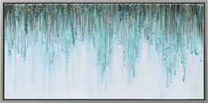 an abstract painting with blue and green colors on the wall, it looks like icicles