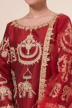 Maroon kurta with aari thread embroidered elephant motifs and sequin embellishments. Comes with salwar and dupatta. - Aza Fashions Ceremonial Kurta With Dupatta For Festivals, Embroidered Silk Chandbali Sets, Festive Embroidered Chanderi Palazzo Set, Ceremonial Dupatta With Zari Work For Eid, Ceremonial Anarkali Salwar Kameez, Unstitched Sets With Dupatta For Ceremonial Occasions, Festival Intricate Embroidered Jamawar Palazzo Set, Ceremonial Anarkali Sets With Intricate Embroidery, Embroidered Slub Silk Sets For Eid