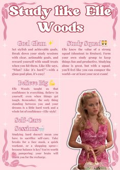 Channel your inner Elle Woods with these 8 fabulous study tips that combine style, confidence, and academic success. From setting glamorous goals to taking self-care sessions as seriously as Elle, these tips will help you study smarter while keeping your vibe on point.   Whether dressing up your study space with a pop of pink or forming a supportive study squad, you’ll be ready to conquer your classes with style and flair. Swipe through for the ultimate guide to studying like a boss—Elle Woods style! 🌸✨ Elle Woods Study Tips, Study Like Elle Woods Wallpaper, How To Be Smarter In School, Elle Woods Style, How To Study Like Elle Woods, Elle Woods Study Method, How To Be Like Elle Woods, Elle Woods Vibes, How To Be Elle Woods