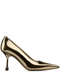 gold-tone leather patent finish metallic finish 80mm stiletto heel slip-on style pointed toe branded insole rubber sole Grey Pumps, Gold Pumps, Iconic Bags, Stiletto Pumps, Flat Boots, Exclusive Fashion, Ballet Flat Shoes, Pump Sandals, Moto Boots