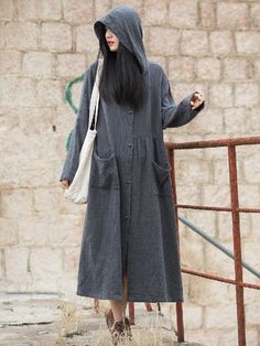 Long Sleeves Loose Solid Color Split-Joint Hooded Jackets & Coats Outerwear LIGHT GRAY-One_size Loose Robes, Contemporary Loft, Button Hoodie, Long Sleeve Cotton Dress, Linen Coat, Winter Typ, Hooded Robe, Shift Dresses, Linen Jacket