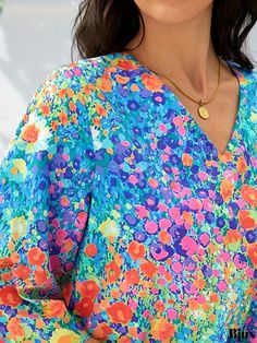 Bjux - Vibrant Floral Print Blouse: Elegant V Neck, 3/4 Sleeve Womens Casual Apparel Multicolor 3/4 Sleeve Top For Vacation, Multicolor Half Sleeve Blouse For Summer, Multicolor 3/4 Sleeve Blouse For Vacation, Multicolor 3/4 Sleeve Vacation Blouse, Multicolor 3/4 Sleeve Tops For Beach, Multicolor Summer Tops With 3/4 Sleeves, Multicolor 3/4 Sleeve Tops For Summer, Floral Print Half Sleeve Blouse For Beach, Vacation Half Sleeve Blouse With Floral Print