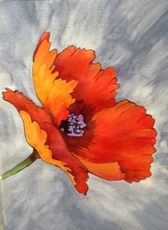 an orange and yellow flower on a white background with watercolors in the bottom corner