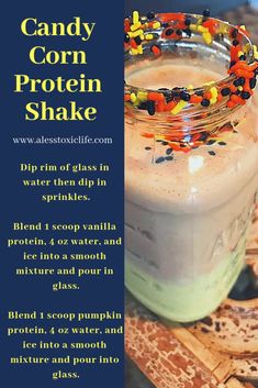 a glass jar filled with candy corn protein shake