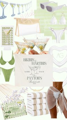 a collage of various items including bikinis, towels and other things to wear