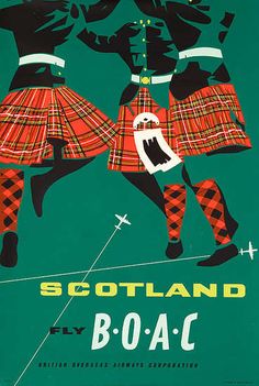 an advertisement for scotland by boac featuring two men in tartan kilts dancing