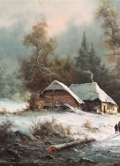 a painting of people walking in the snow near a cabin