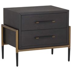 a black and gold nightstand with two drawers on each side, against a white background