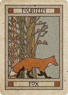 a card with an image of a fox in the woods and leaves on it's back