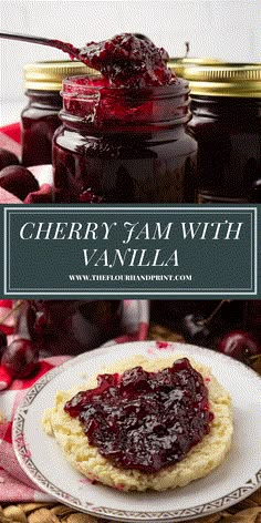 cherry jam with vanilla biscuits on a plate next to jars of jelly and cherries