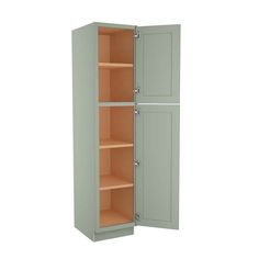 a tall cabinet with two doors and shelves on each side, in an open position