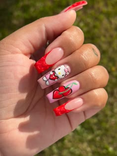 LOVED the way these came out🥰 sanrio valentines Valentines Day Nails Hello Kitty, Sanrio Valentines Nails, Hello Kitty Valentines Day Nails, Hello Kitty Valentines Nails, Uñas Hello Kitty, Sanrio Valentines, Hello Kitty Valentines, Cartoon Nails