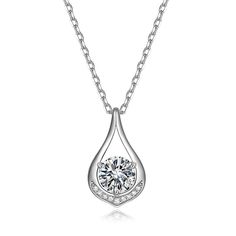 Dewdrop represents elegance and beauty, with a mix of polished gold ribbon and brilliance from the stones, this pendant is a perfect gift. Moissanite brings you the same amount of brilliance and fire as diamond and you'll never get tired of seeing them sparkle from every angle! Made with 14k solid white gold plated sterling silver, one carat round moissanite stone, and small cubic zirconia stones. Chain Length: 16+2 inches chain with lobster clasp Diameter: 6.5mm/ Color D-E / Clarity VVS1 Crystal Drop Necklace With Sparkling Stones For Gift, Elegant Teardrop Diamond Necklace Gift, Elegant Teardrop Solitaire Necklace For Gift, Elegant Teardrop Diamond Necklace For Gift, Gift Drop Necklace With Sparkling Cubic Zirconia, Diamond Drop Necklace With Elegant Design, Diamond White Teardrop Pendant Drop Necklace For Formal Occasions, Diamond White Teardrop Pendant Drop Necklace For Formal Events, Formal Diamond White Teardrop Pendant Drop Necklace