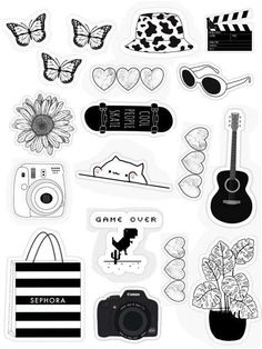 a sticker sheet with black and white images on it, including a camera, sunglasses,