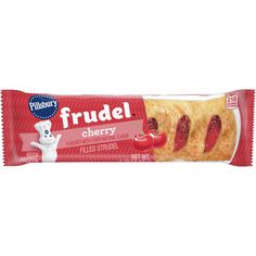 frudel cherry filled strudel snack bar, with an image of a teddy bear and cherries on it