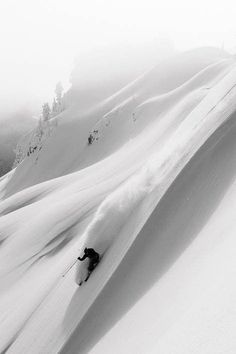 a man riding skis down the side of a snow covered slope on a foggy day