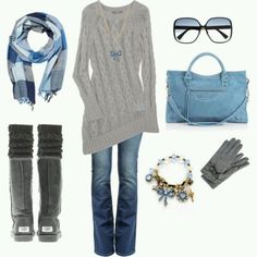 I LOVE baby blue and grey. This is adorable! aand comfy Sweater Jeans, Winter Travel Outfit, Casual Chique, Scarf Necklace, Winter Casual, Fashion Outfit, Travel Outfit, Look Cool