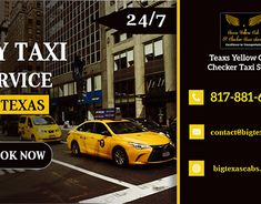 taxi cabs are parked on the street in front of tall buildings with yellow lettering