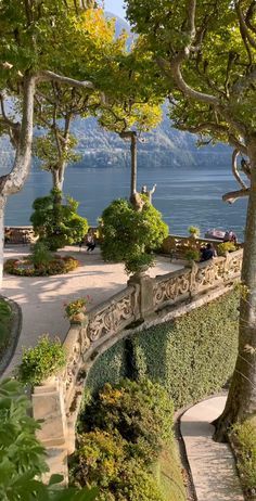 an outdoor garden with trees and plants next to the water