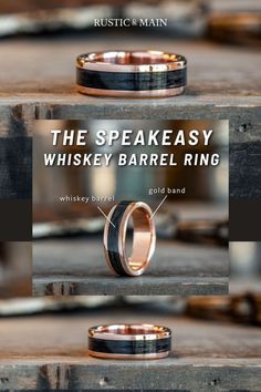 mens-rose-gold-black-whiskey-barrel-wedding-band-speakeasy-rustic-and-main Speakeasy Wedding, Black Whiskey, Whiskey Barrel Wedding, Rustic Wedding Bands, Wood Wedding Ring, Whisky Barrel, Mens Gold Wedding Band, Barrel Rings, Gold Ring Designs