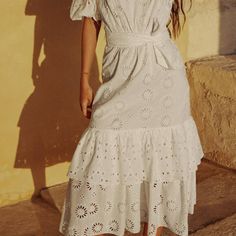 This Item Runs Small. Midi Dress With V-Neck, Elbow-Length Balloon Sleeves, And Elastic Cuffs. Tied Self Belt. Embroidered Eyelet Detail. Tonal Lining. Outer Shell100% Cotton L Ining 100% Cotton Machine Wash Max. 30c/86f Delicate Cycle Do Not Use Bleach / Whitener Iron Maximum 150c/302f Do Not Dry Clean Do Not Tumble Dry Summer Midi Dress With Cutwork Hem And Short Sleeves, Midi Dress With Cutwork Hem And Short Sleeves, Vacation Midi Dress With Broderie Anglaise, Spring Bohemian Dress With Cutwork Hem, Midi Length Dresses With Cutwork Hem For Vacation, Bohemian Midi Dress With Broderie Anglaise, Broderie Anglaise Maxi Dress, Spring Midi Dress With Cutwork Hem And Short Sleeves, Day Out Midi Dress With Broderie Anglaise