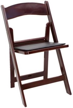 a wooden folding chair with black leather seat