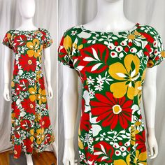 Vintage 60s dress. -Made of cotton with a tropical foliage print.   -Dark green background with red, white and ochre foliage. -Scooped neckline, shallow in front and deep in back. -Pullover style without closures. -Watteau train. -Inner elastic and button to cinch the waist and give a little shape to the middle of the dress. -Missing maker's label. PHOTOS ARE CONSIDERED PART OF THE DESCRIPTION Note:  Subtle fade to the fabric from laundering.  Shortened from its original length. Very good vintag Green Tropical Cotton Dress, Green Sleeveless Dress With Retro Print, Retro Green Dress With Vibrant Print, Orange Mod Dress With Retro Print, Yellow V-neck Dress With Tropical Print, 1970s Multicolor Cotton Dress, Vintage Dress 60s, Dark Green Background, Tropical Foliage