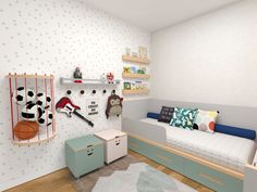 a child's room with two beds and toys on the wall, including a toy shelf