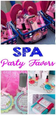 the spa party favors are in pink and blue