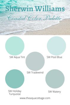 15 Coastal Aqua Blue & Green Paint Colors You'll Love - The Aqua Cottage Ocean Bathroom Paint Colors, Key West Blue Paint, Coastal Blue Green Paint Colors, Muted Aqua Paint Colors, Beachy Color Palette Coastal Style, Underseas Paint Color, Mint Green House Exterior Color Schemes, Beachy Blue Paint Colors