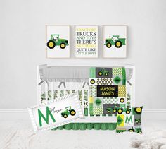 a green tractor themed nursery bedding set