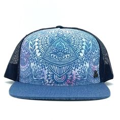 Five-panel low-profile graphic print Zen Doodle Trucker Hat for men and women. Hand drawn mandala artwork. Made from organic cotton and recycled polyester fabrics. Inspirational quote inside. Adjustable with mesh back. Designed by Gypsy and Lolo in Northern California. Shop sustainable gifts and trucker hats. Color navy. Adjustable Graphic Print Hat With Curved Bill, Adjustable Flat Bill Hat With Graphic Print, Adjustable Curved Bill Hat With Graphic Print, Adjustable Flat Bill Trucker Hat For Festivals, Casual Blue Trucker Hat For Festival, Adjustable Flat Bill Snapback Hat For Festival, Adjustable Trucker Hat With Graphic Print And Curved Brim, Festival Snapback Hat With Flat Bill, Adjustable Snapback Hat With Graphic Print And Flat Bill