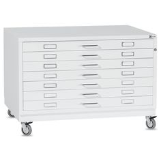 a white filing cabinet with five drawers on wheels