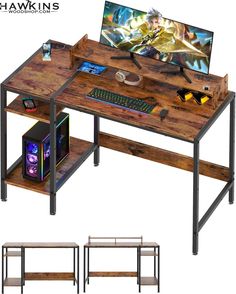 the computer desk is made out of wood and metal