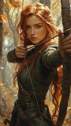 a woman with long red hair holding a bow and arrow in the middle of a forest