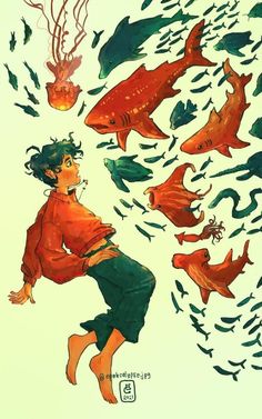 an animated image of a boy surrounded by fish