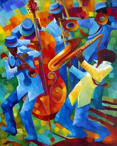 a painting of some people playing instruments