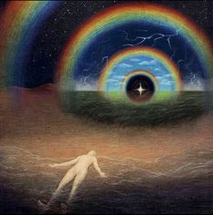 a painting of a person floating in the ocean with a rainbow and star above them