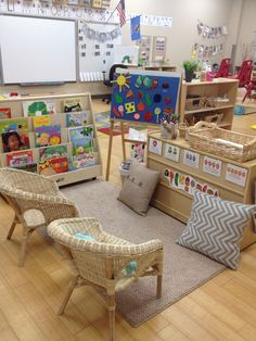 an assortment of children's toys and decor in a classroom