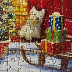 a jigsaw puzzle with a dog on a sleigh in front of a christmas tree