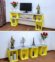 two pictures of yellow shelves with vases and flowers on them in front of a tv